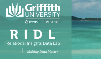 Background of the a calm bay with a forested island in the background. In the foreground, a frosted pane with Griffith University's Logo of a book with the words 'Griffith University, Queensland Australia' The logo is white on an aqua background.